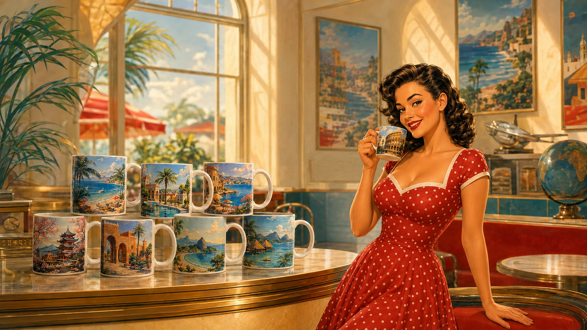 Caroline's World collection of eight retro travel mugs