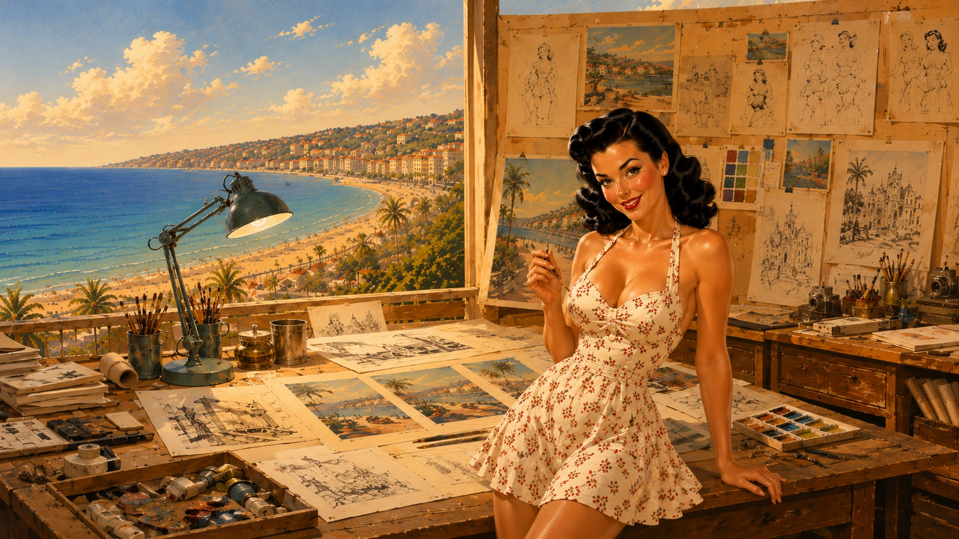 Caroline in her retro design studio creating Caroline's World travel posters