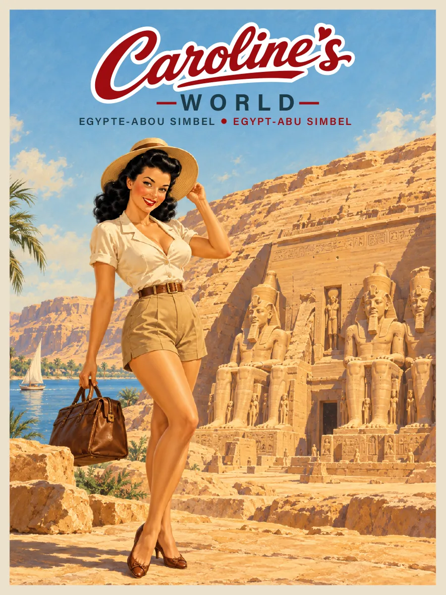 Caroline's World retro travel poster — Abu Simbel — The giants of Ramesses II