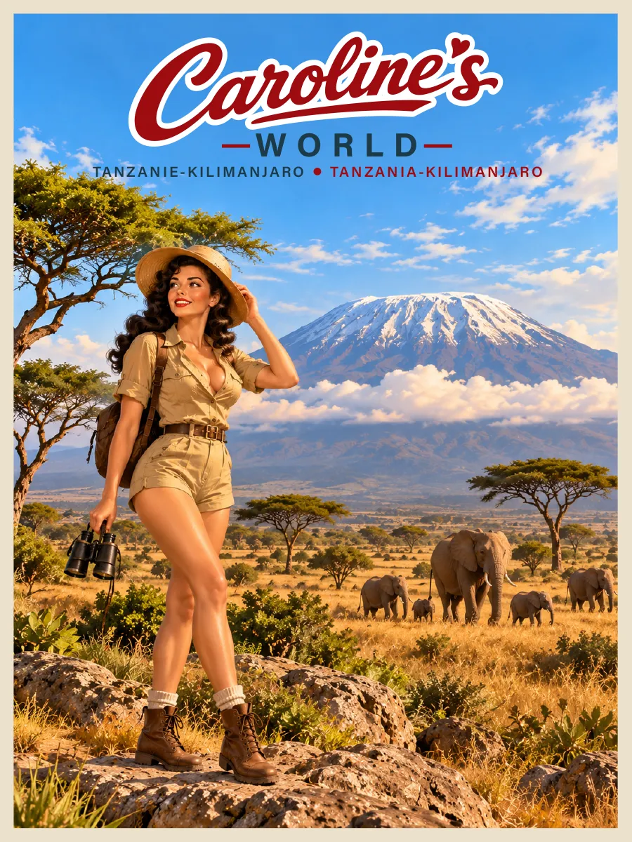 Caroline's World retro travel poster — Kilimanjaro — The roof of Africa