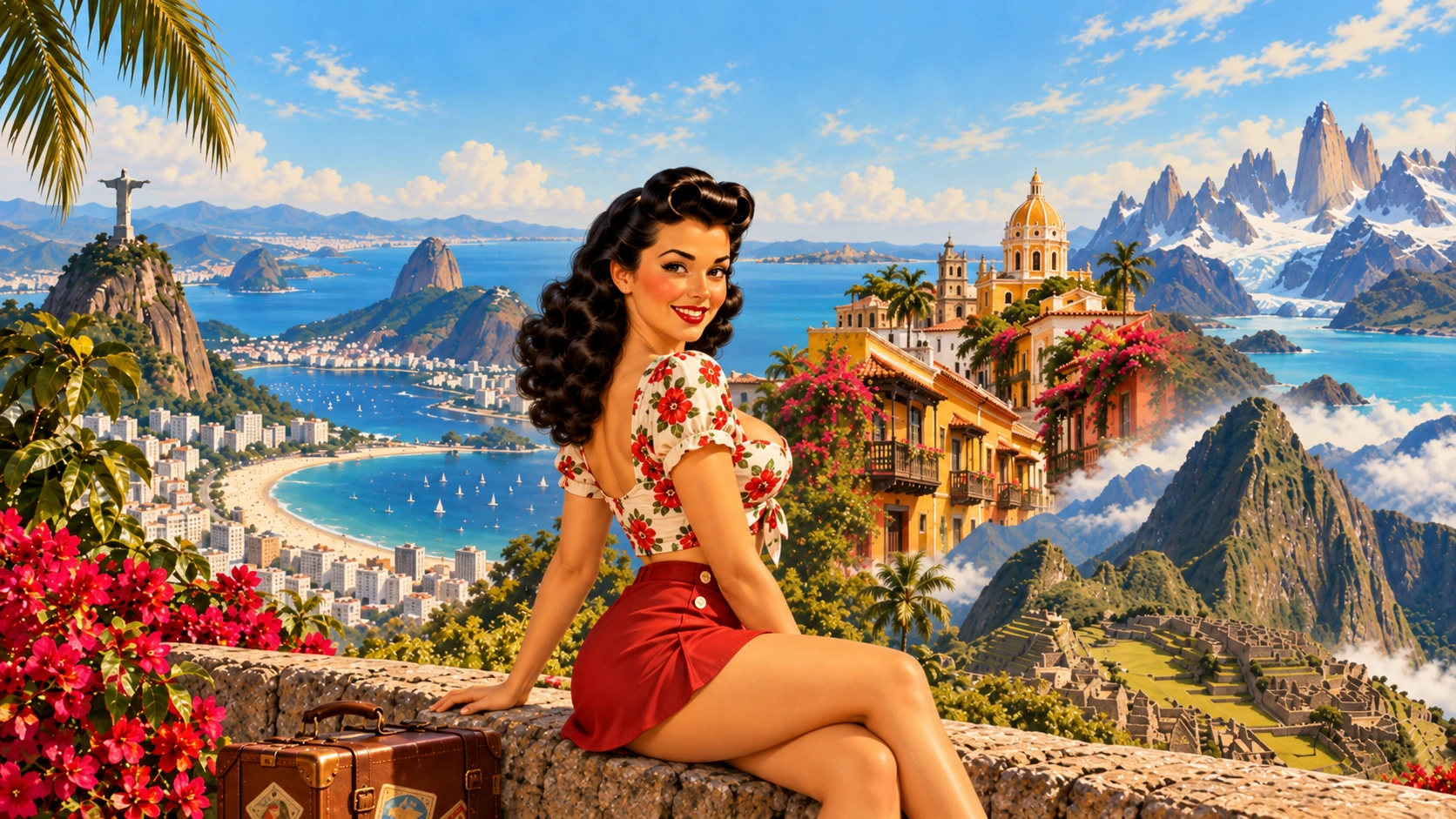 Caroline travelling in South America in a 1950s-inspired retro travel poster style