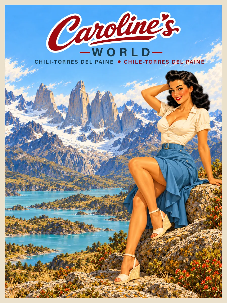 Caroline's World retro travel poster — Patagonia — Torres del Paine
