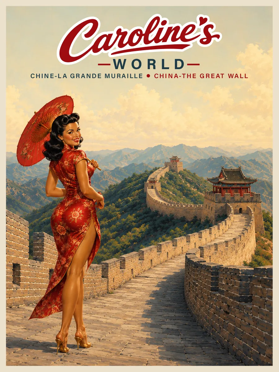 Caroline's World retro travel poster — Great Wall — A line across the mountains