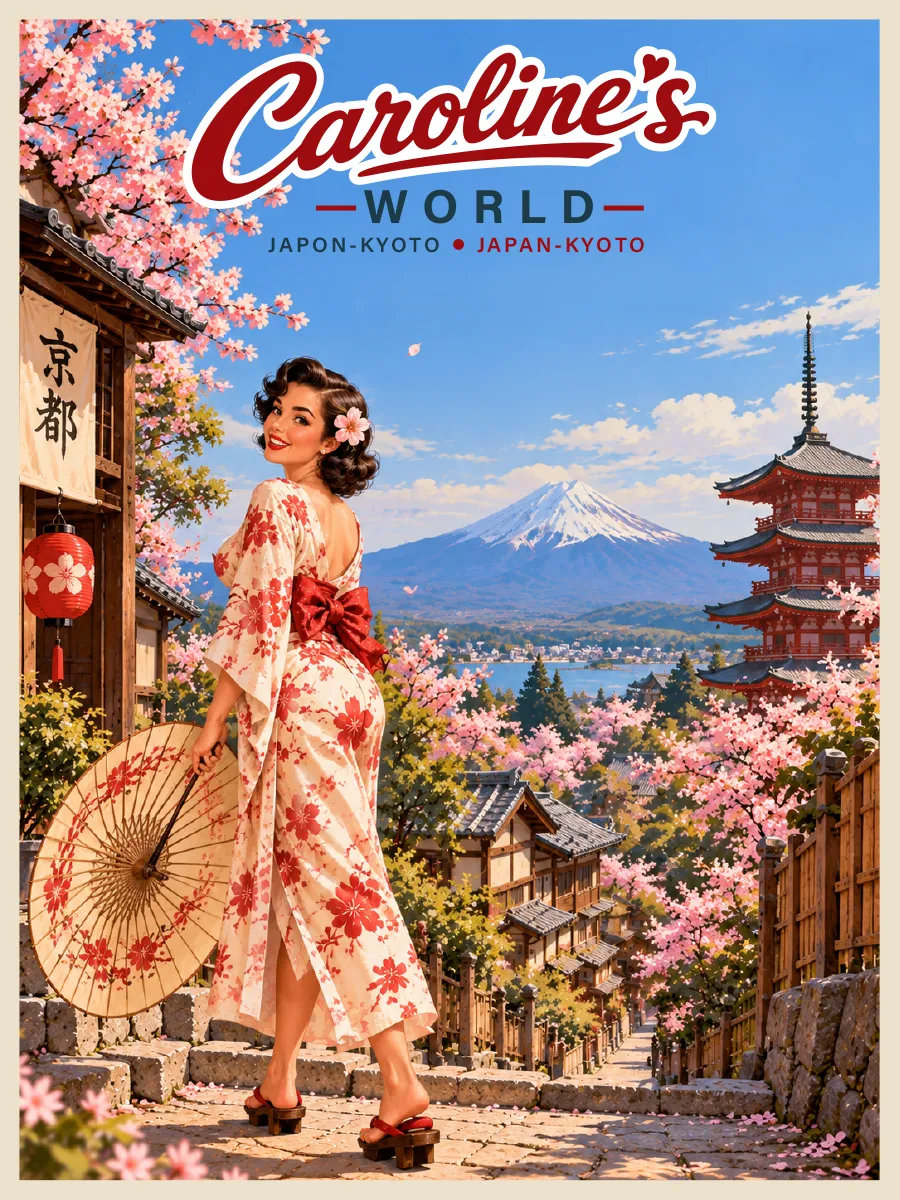 Caroline's World retro travel poster — Kyoto — Beneath the cherry blossoms