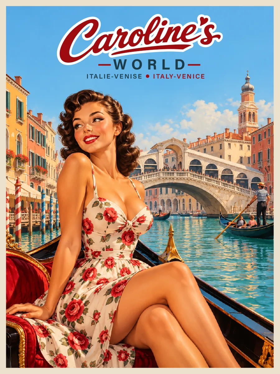 Caroline's World retro travel poster — Venice — The Grand Canal and Rialto Bridge