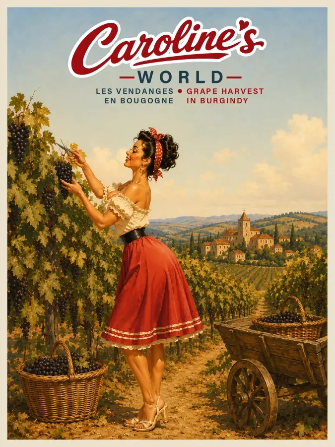 Caroline's World retro travel poster — The Burgundy grape harvest