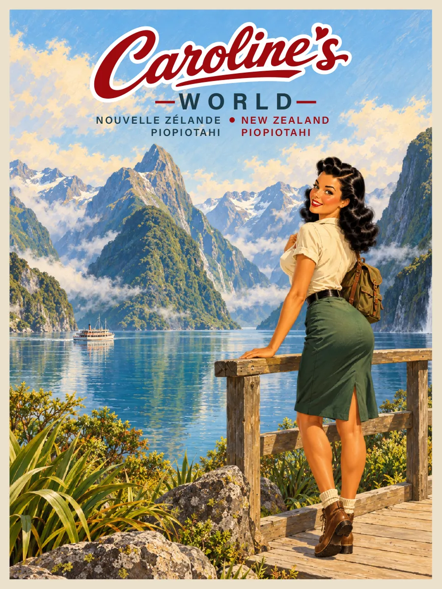 Caroline's World retro travel poster — Milford Sound — The fjord beneath the clouds