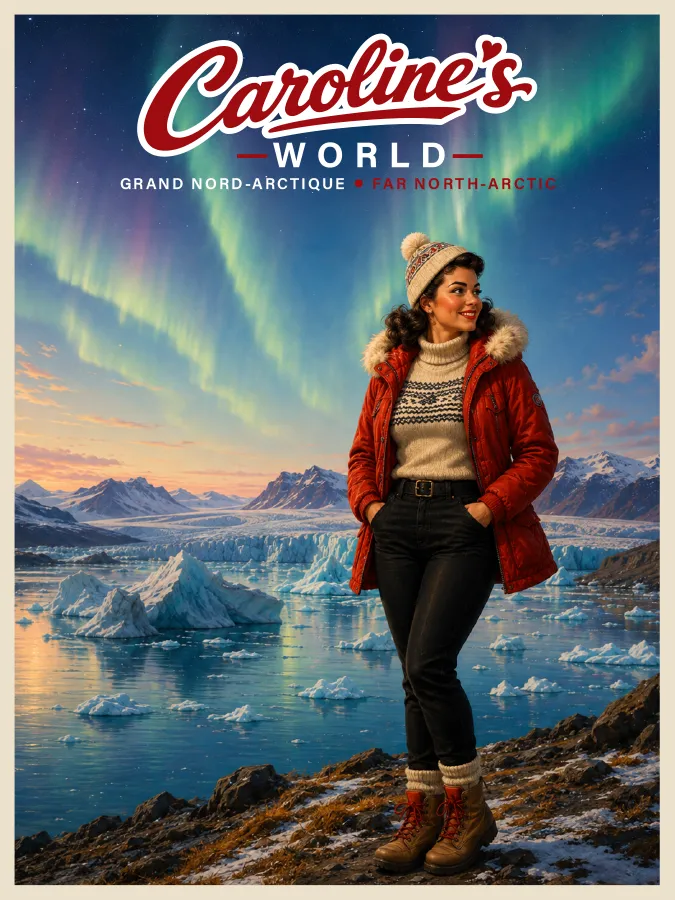 Caroline devant une aurore boréale au-dessus d'un paysage glaciaire