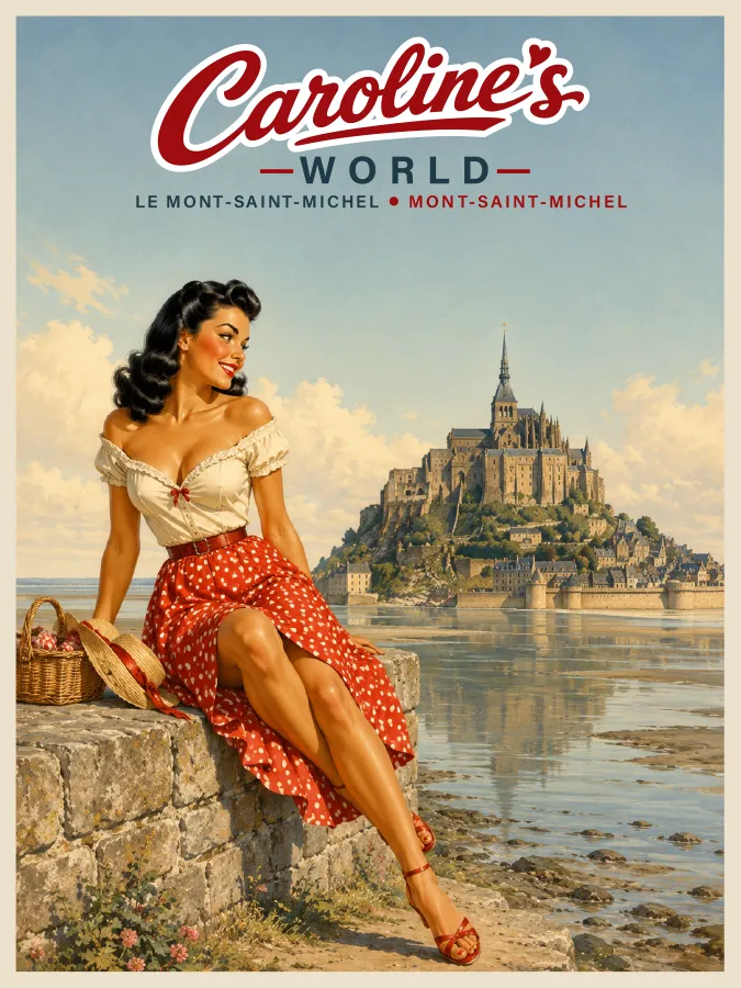Caroline au Mont-Saint-Michel dans une illustration de voyage rétro