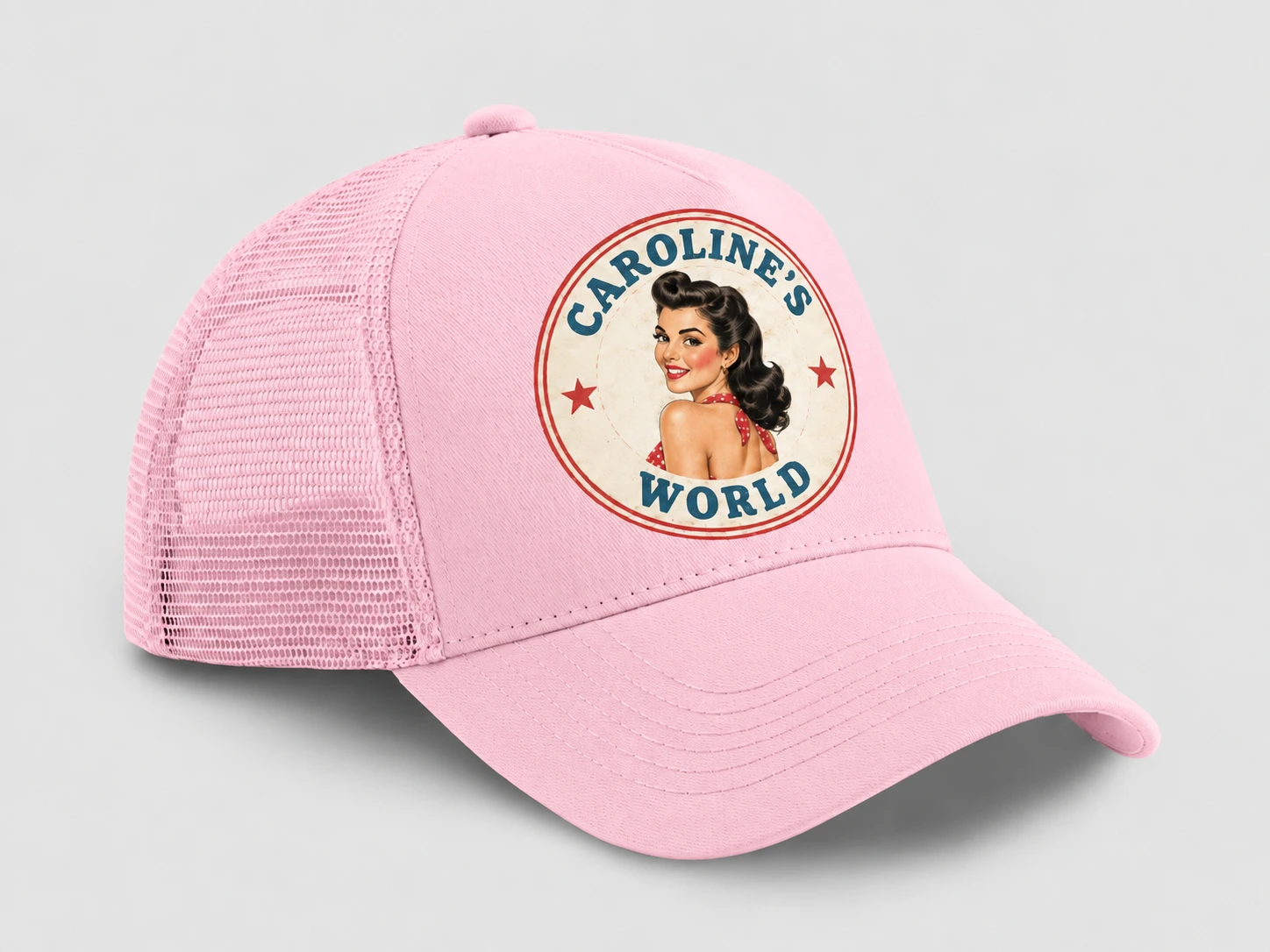 Casquette Caroline’s World Postcard Pink rose avec impression simple centrée sur le panneau frontal