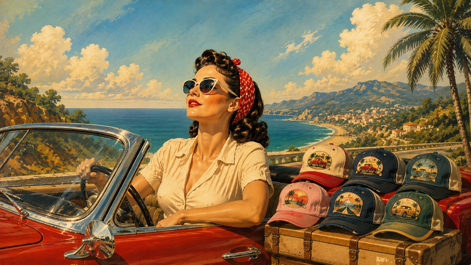 Caroline présente une collection de quatre casquettes rétro crème, rouge, bleu marine et rose dans l’univers Caroline’s World
