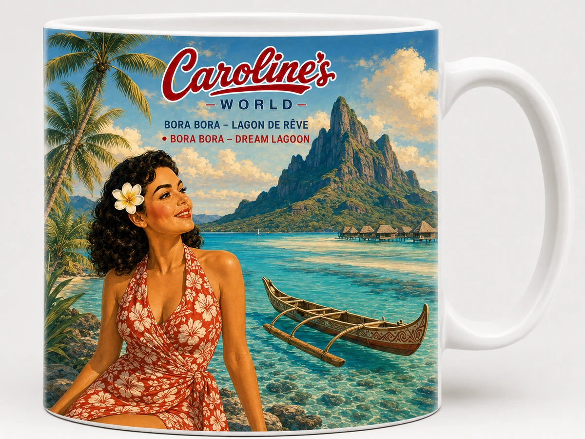 Mug Caroline’s World Bora Bora Lagoon, illustration rétro inspirée de Bora Bora