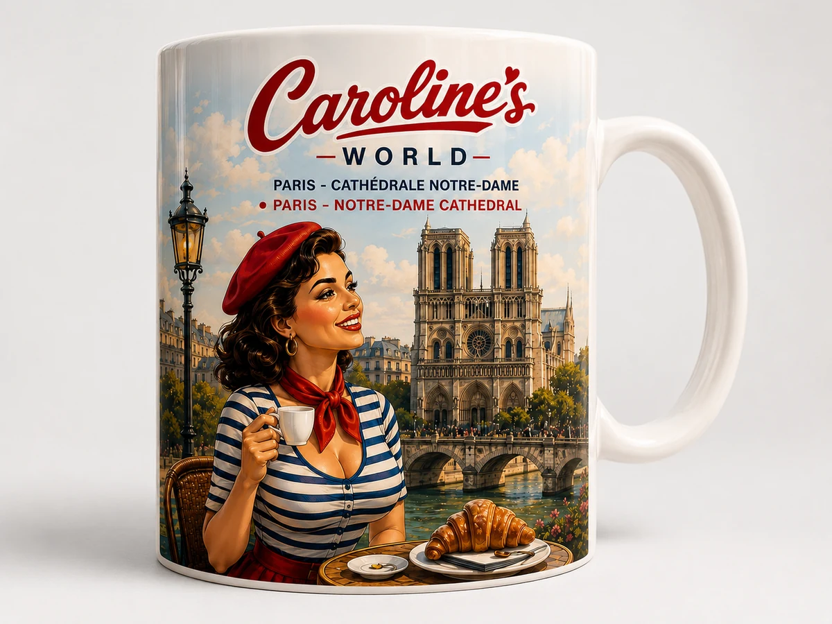 Mug Caroline’s World Paris Bonjour, illustration rétro inspirée de Paris
