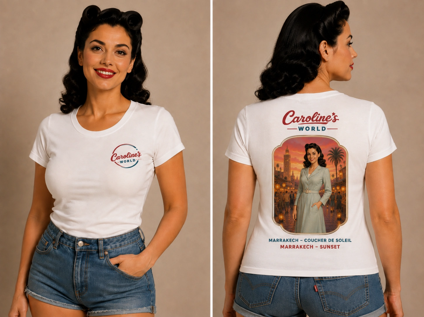 T-shirt Caroline’s World Marrakech Sunset vu de face et de dos avec logo côté cœur et illustration rétro de Marrakech au dos