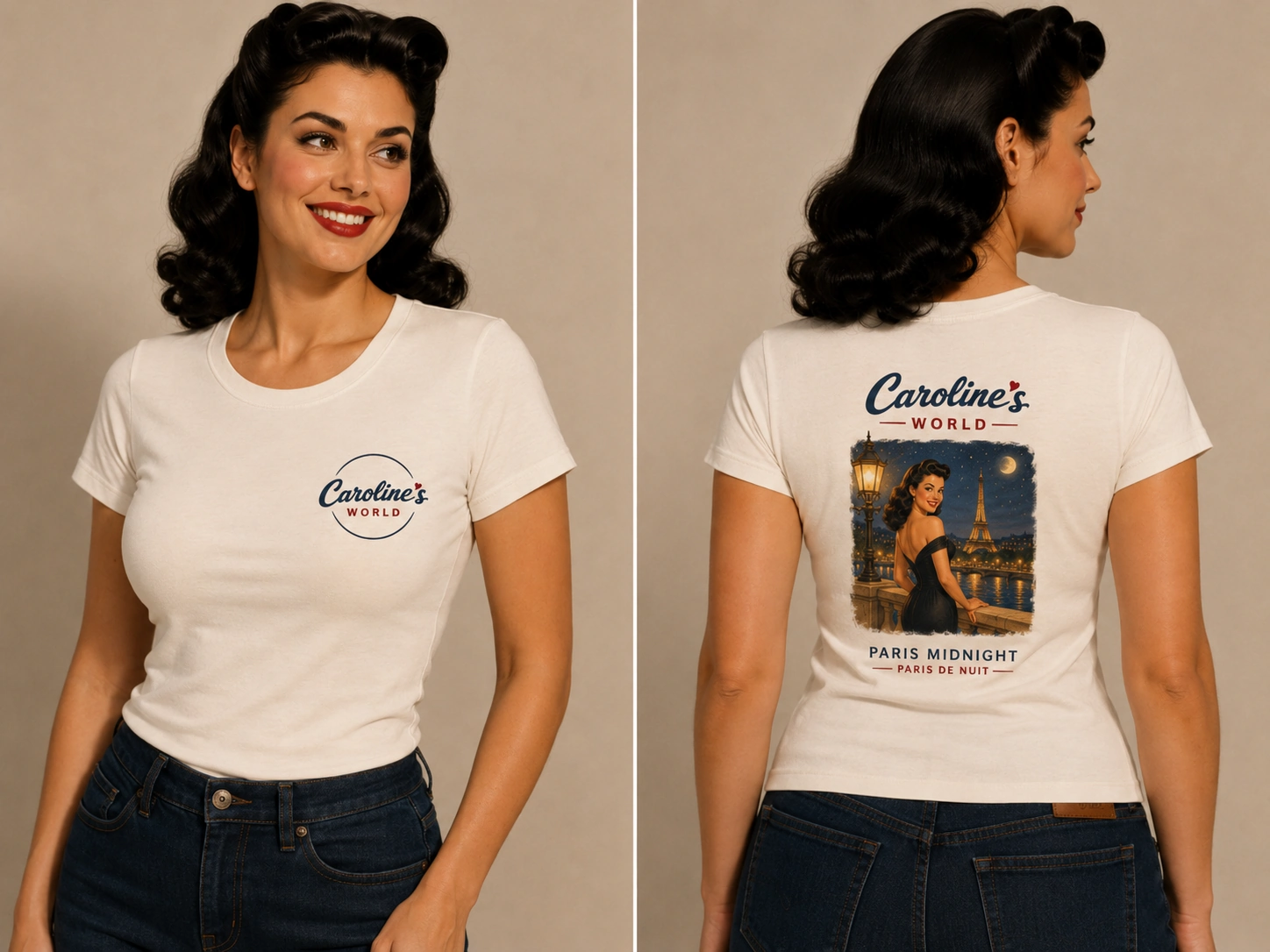 T-shirt Caroline’s World Paris Midnight présenté de face et de dos, avec petit logo côté cœur et illustration rétro de Paris de nuit au dos