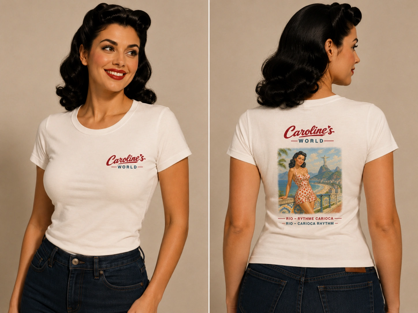 T-shirt Caroline’s World Rio Carioca présenté avant et arrière avec logo côté cœur et illustration rétro de Rio de Janeiro au dos