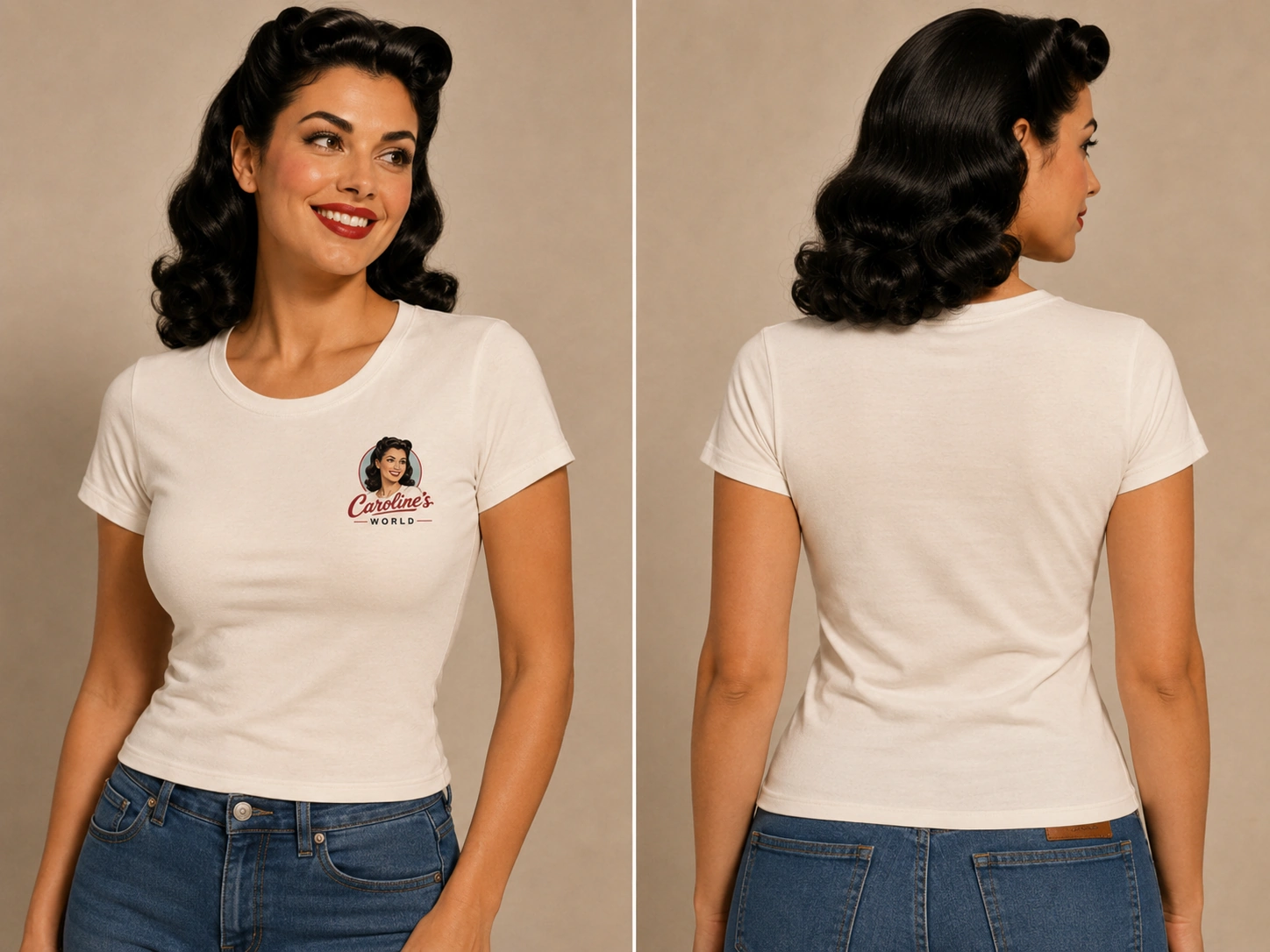 T-shirt écru Caroline’s World présenté de face et de dos avec logo graphique côté cœur et dos entièrement vierge