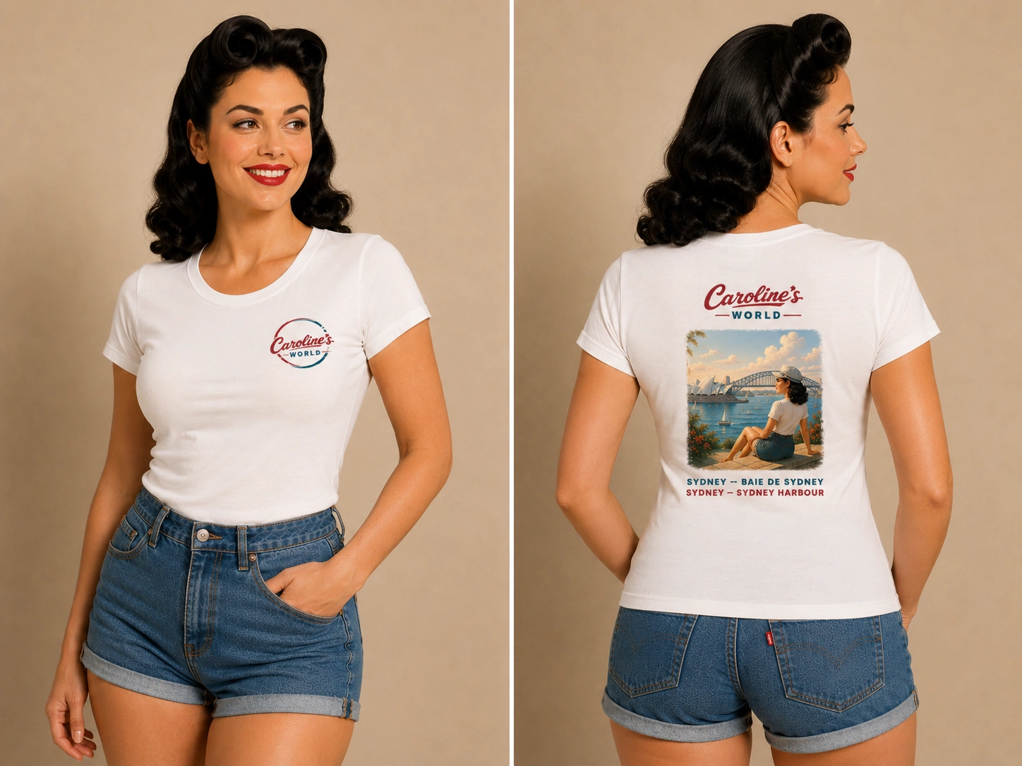 T-shirt Caroline’s World Sydney Harbour présenté avant et arrière avec logo côté cœur et motif de voyage rétro de Sydney au dos