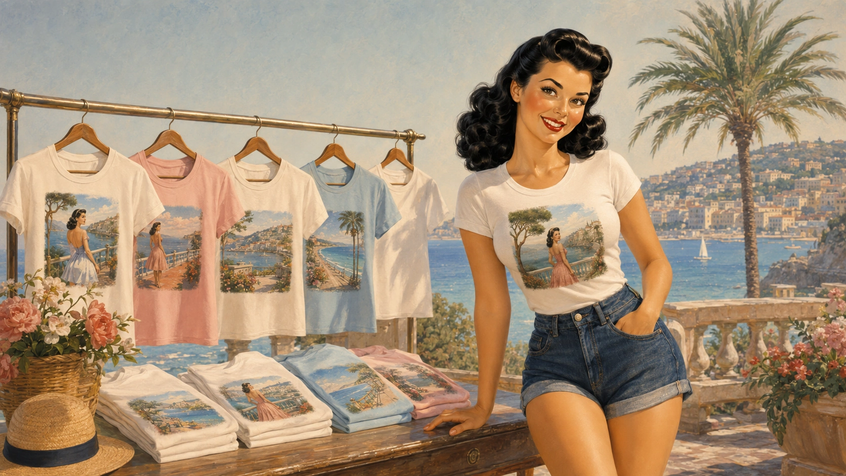 Caroline portant un T-shirt Caroline’s World dans une mise en scène rétro entourée de modèles de la collection