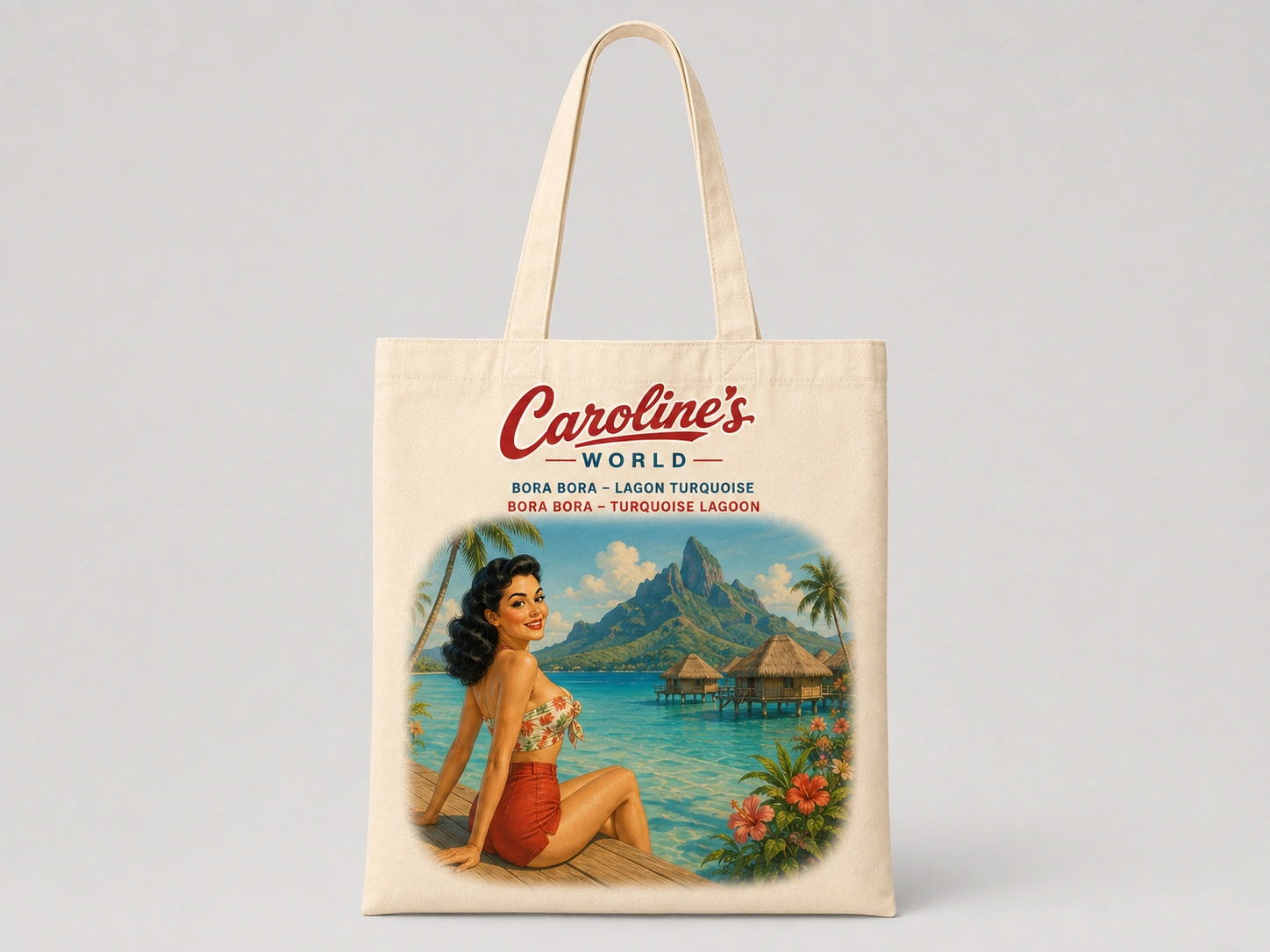 Tote-bag Caroline’s World Bora Bora Lagoon avec Caroline devant le lagon turquoise et le mont Otemanu en Polynésie française