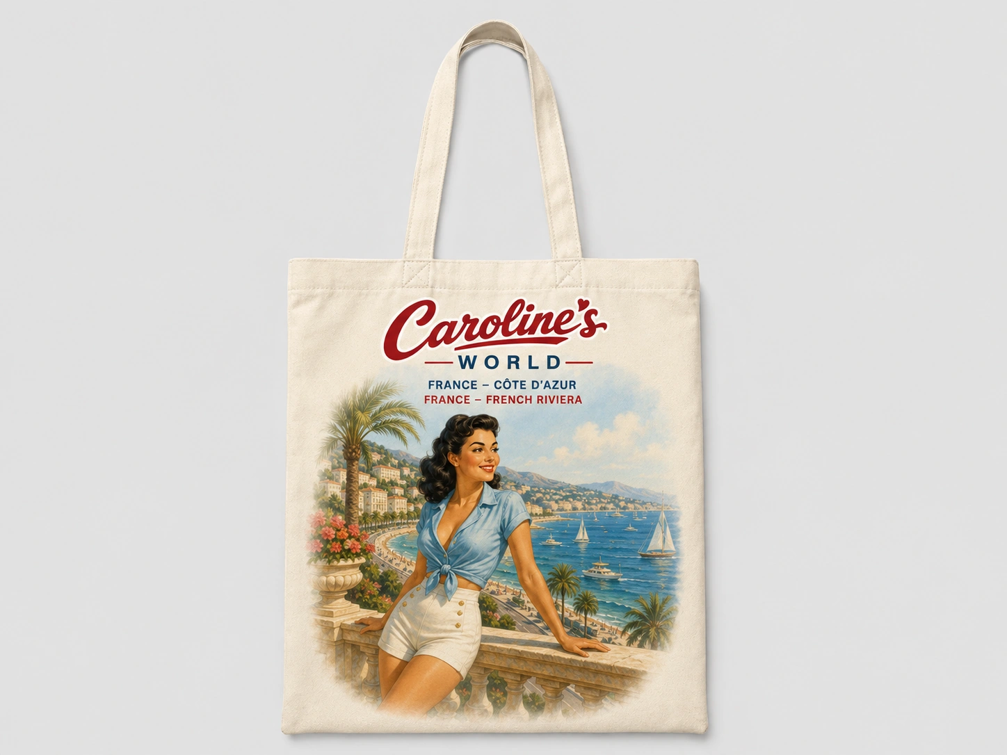 Tote-bag Caroline’s World Riviera Rouge avec Caroline sur la Côte d’Azur dans une illustration rétro années 1950
