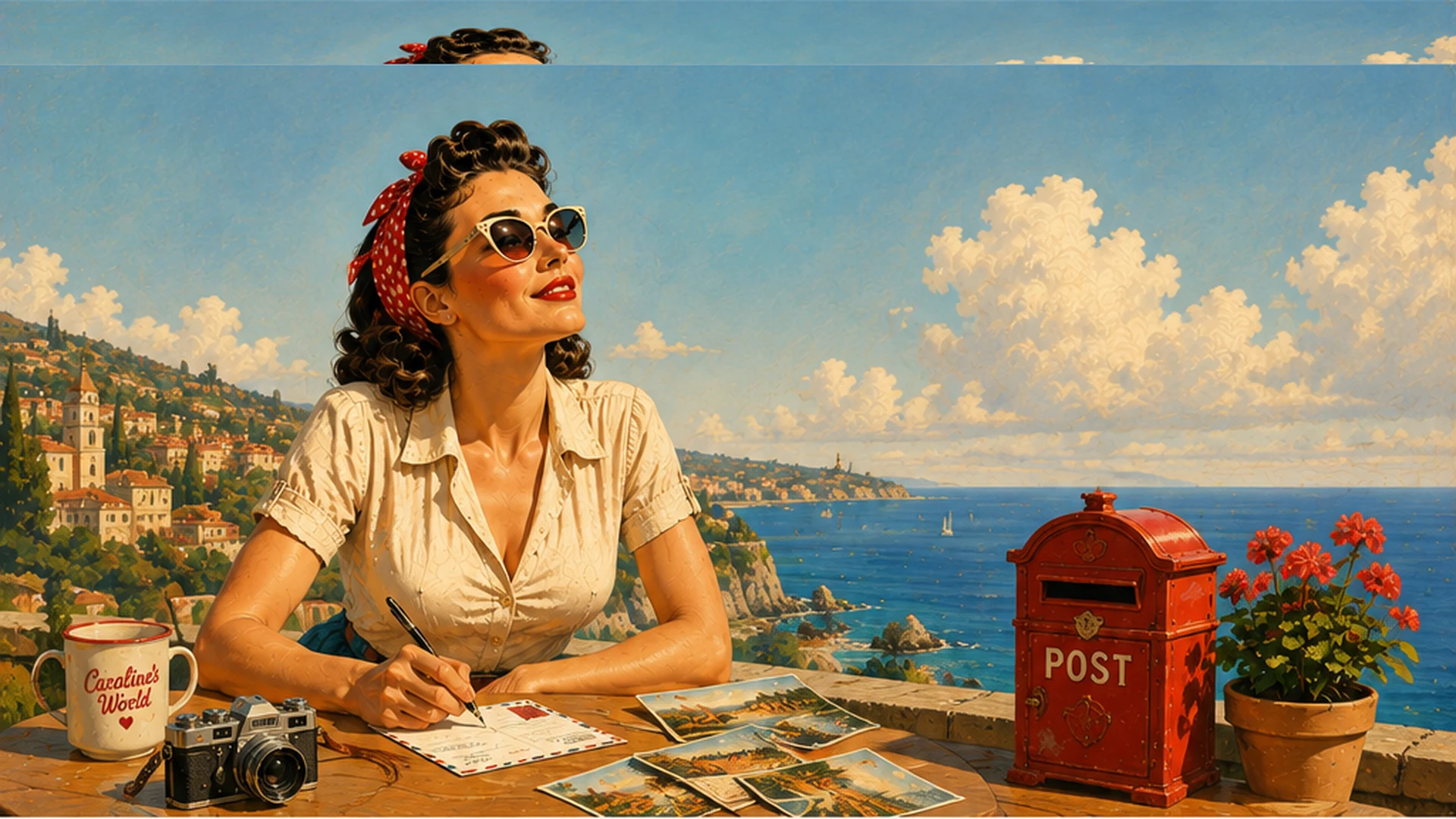 Caroline writing a postcard in the Caroline's World retro travel universe