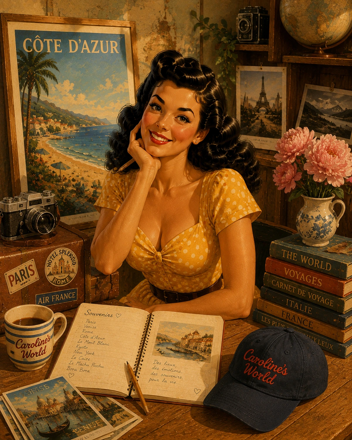 Caroline entourée d’une affiche rétro, d’une casquette et d’un carnet inspirés de ses voyages