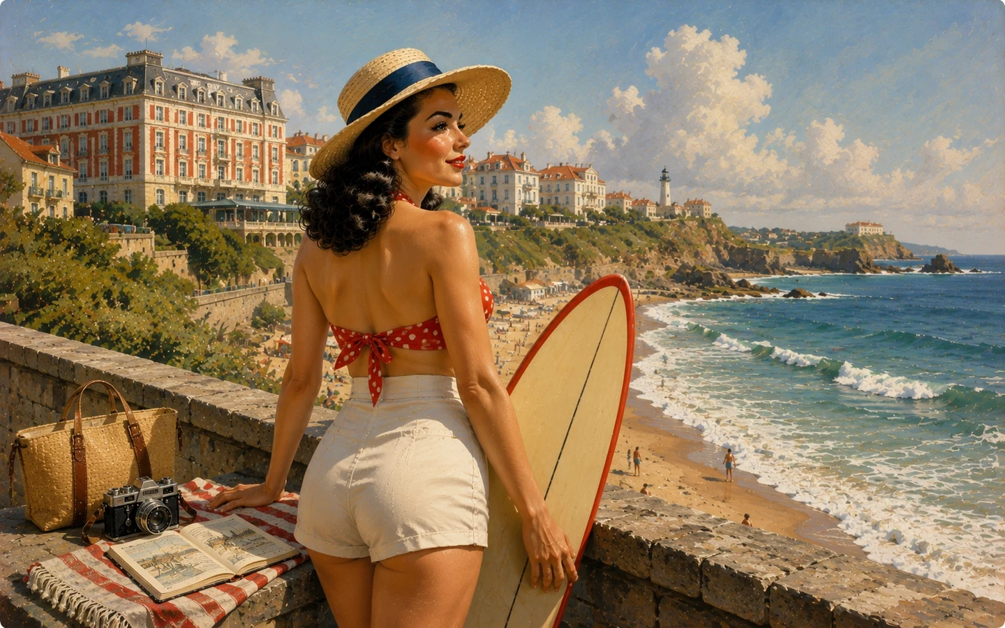 Caroline près de la Grande Plage de Biarritz avec des surfeurs et l’océan, récit de voyage au Pays basque