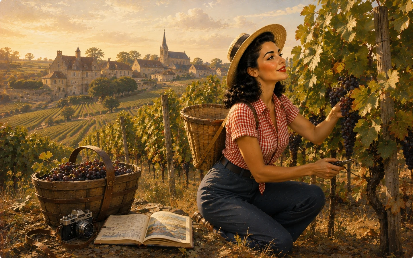 Caroline dans les vignes de Bourgogne pendant les vendanges au lever du jour, carnet de voyage viticole