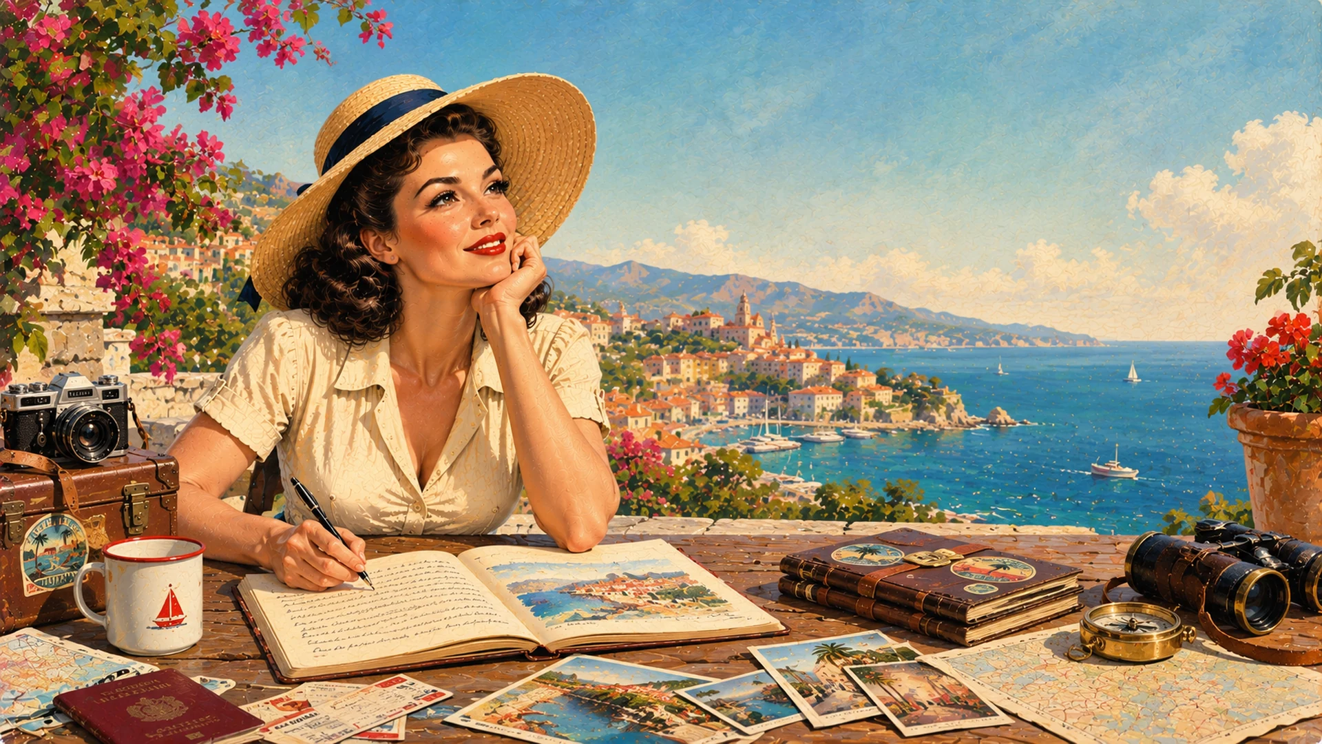 Carnets de voyages de Caroline ouverts sur une table avec photographies, cartes, tickets et souvenirs rétro