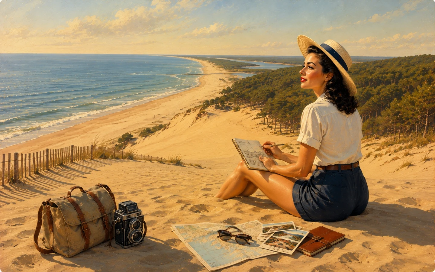 Caroline sur la Dune du Pilat face à l’océan Atlantique, photographie de carnet de voyage en Gironde