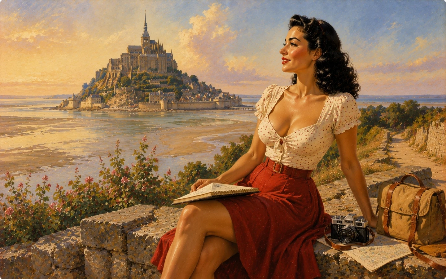 Caroline observant le Mont-Saint-Michel depuis la baie à marée basse, carnet de voyage en Normandie
