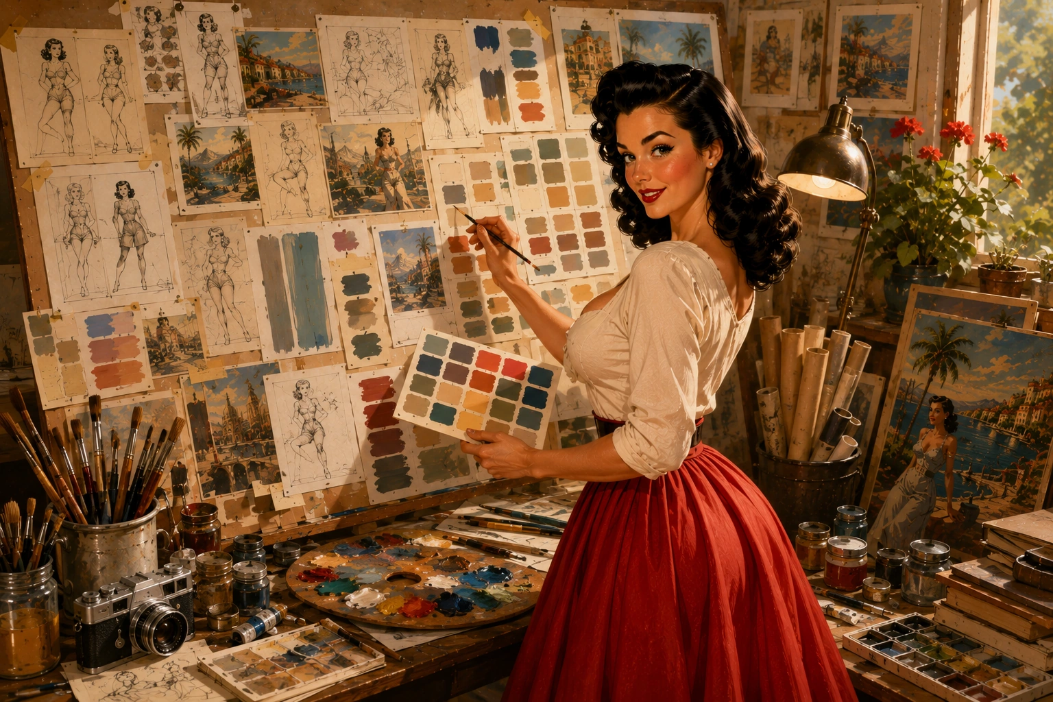 Caroline sélectionnant des nuances rouges, crème, bleu ciel et vert vintage pour une affiche Caroline’s World