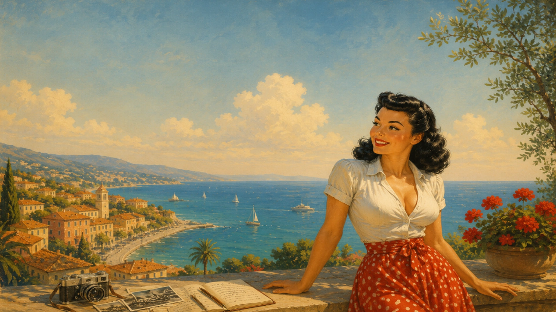Caroline sur une terrasse de la Méditerranée avec carnet de voyage et appareil photo, illustration rétro années 1950 de Caroline’s World