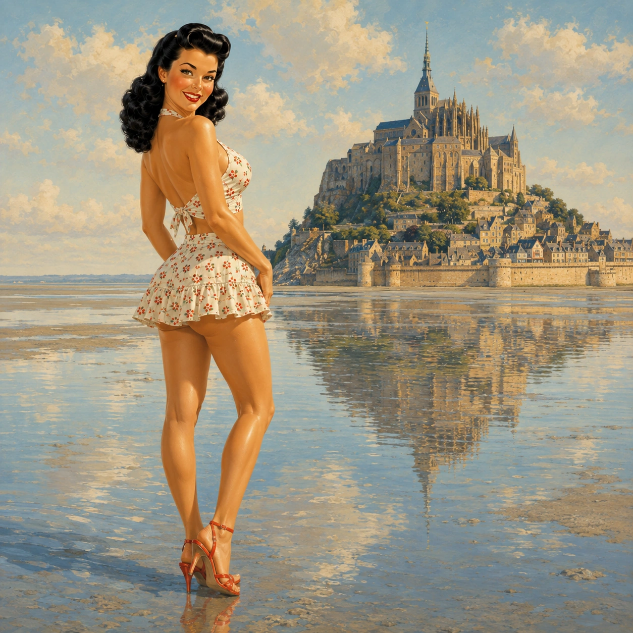 Caroline face aux reflets de la marée dans la baie du Mont-Saint-Michel en Normandie