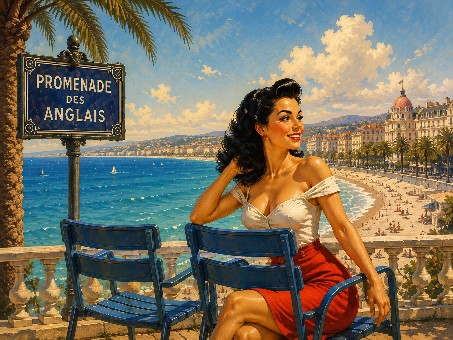 Caroline près des célèbres chaises bleues de la Promenade des Anglais à Nice, face à la mer Méditerranée