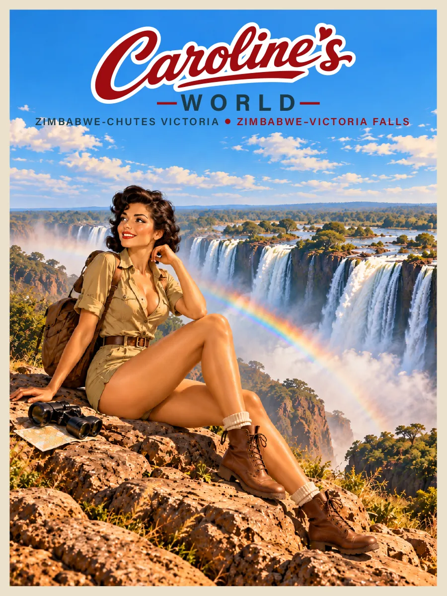 Affiche rétro Caroline aux chutes Victoria sur le Zambèze, entre Zambie et Zimbabwe, immense rideau d’eau et brume