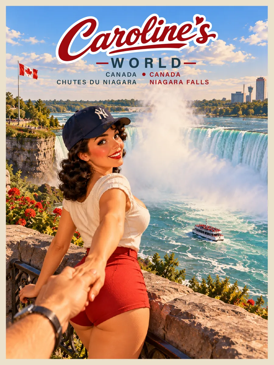 Affiche rétro Caroline aux chutes du Niagara entre Canada et États-Unis, immense rideau d’eau et brume