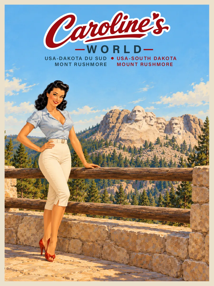 Affiche rétro Caroline devant le mont Rushmore dans les Black Hills du Dakota du Sud, sculptures présidentielles monumentales