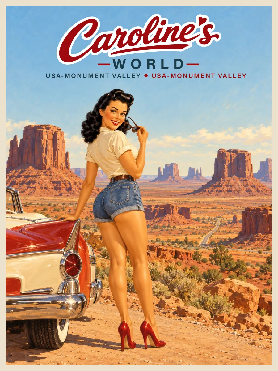Affiche rétro Caroline à Monument Valley entre Arizona et Utah, mesas rouges et paysage mythique du Far West