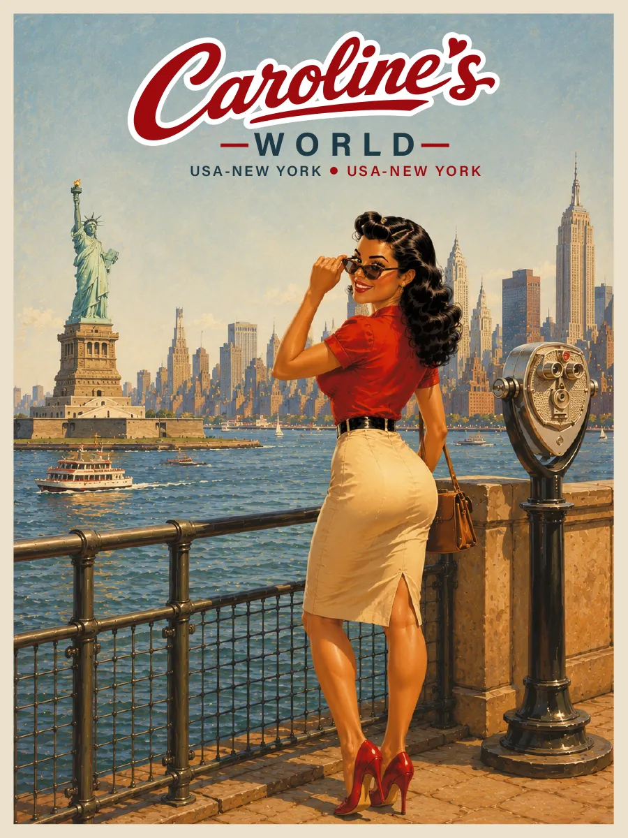 Affiche rétro Caroline à New York face à Manhattan et à l’Empire State Building, skyline américaine des années 50