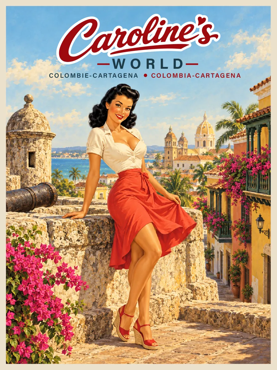 Affiche rétro Caroline à Cartagena de Indias en Colombie, façades colorées, balcons fleuris et remparts des Caraïbes