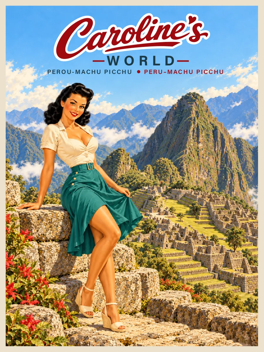 Affiche rétro Caroline au Machu Picchu au Pérou, terrasses incas et montagnes des Andes
