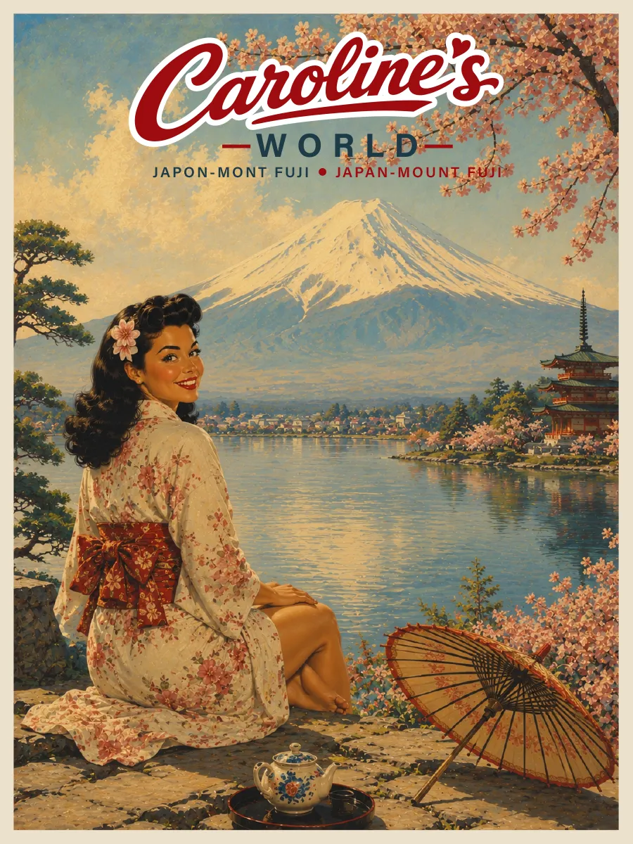 Affiche rétro Caroline au Japon face au mont Fuji enneigé au printemps, cerisiers en fleurs et paysage japonais