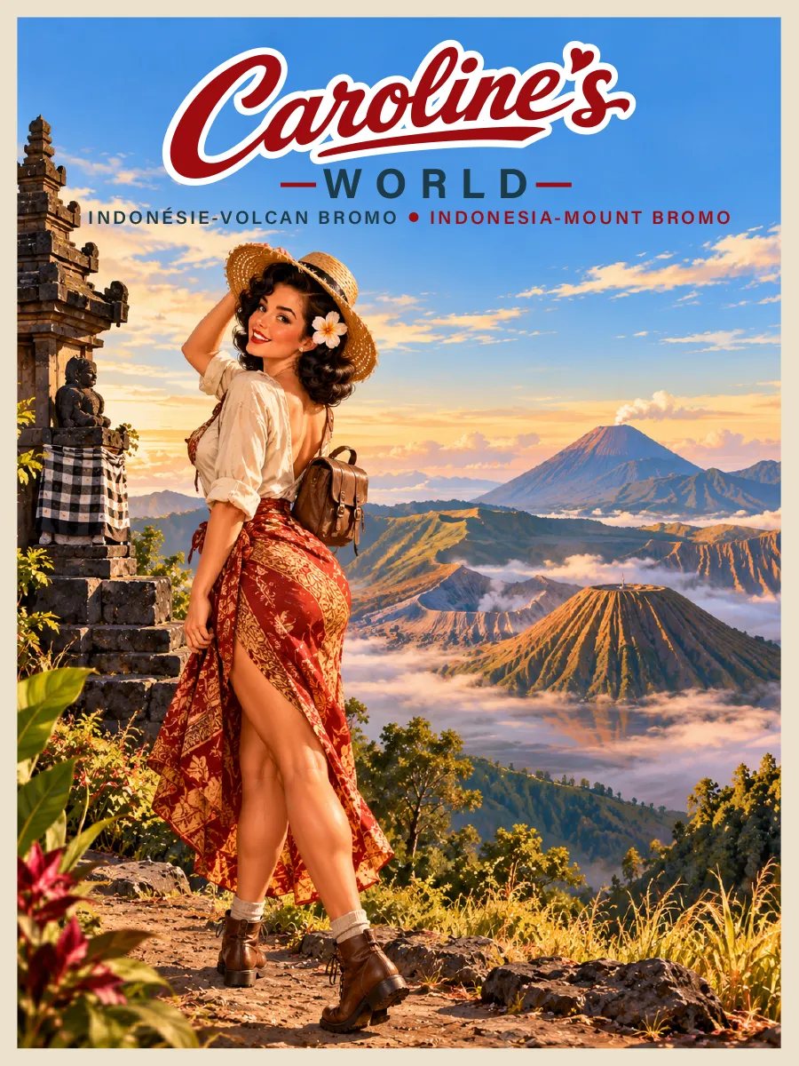 Affiche rétro Caroline devant le volcan Bromo à Java oriental en Indonésie, caldeira volcanique et lumière du lever du soleil