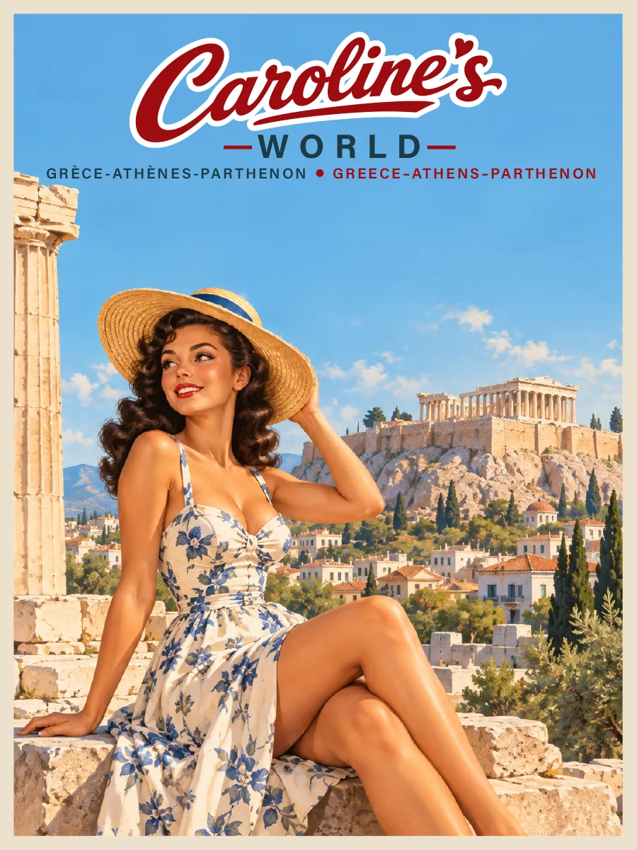 Affiche rétro Caroline à Athènes devant l’Acropole et le Parthénon, patrimoine de la Grèce antique