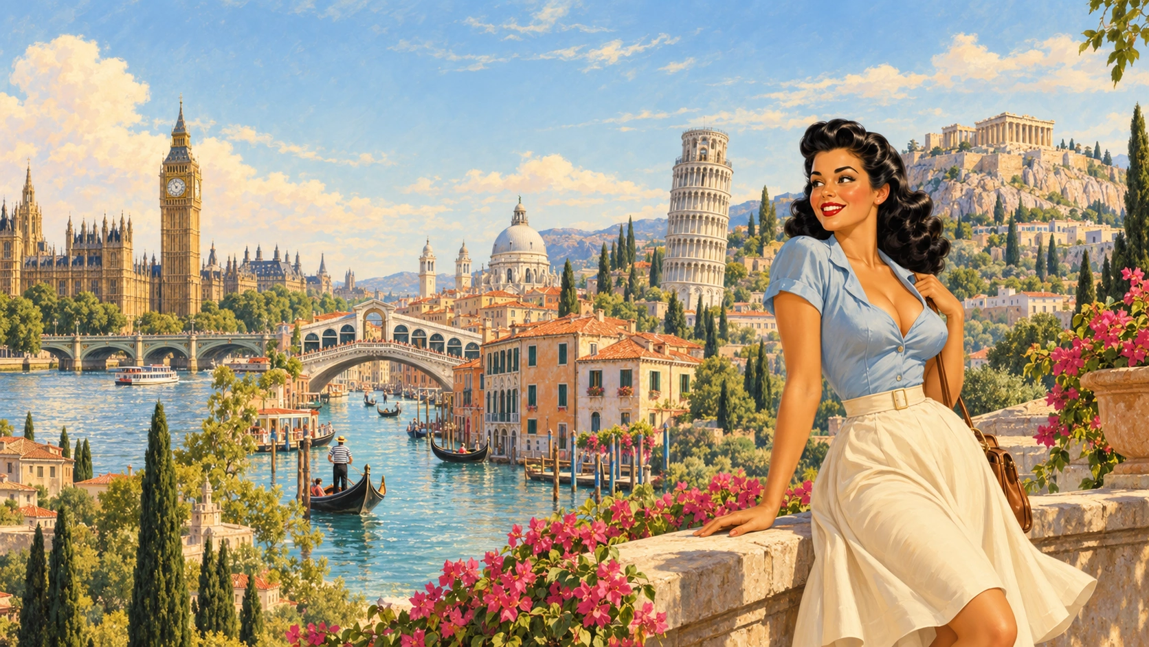 Caroline voyage en Europe entre Londres, Venise, Pise et Athènes dans un univers d’affiches rétro inspiré des années 50