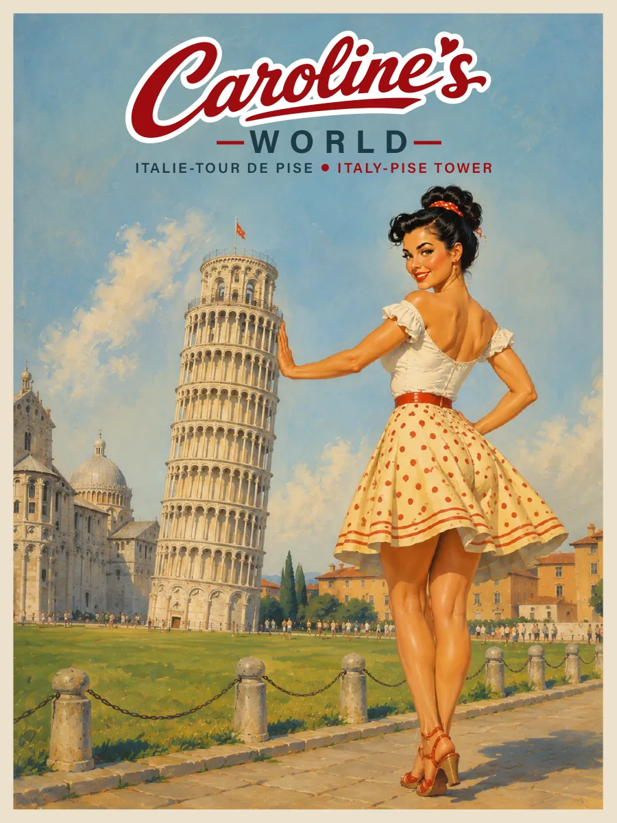 Affiche rétro Caroline devant la tour penchée de Pise sur la Piazza dei Miracoli en Toscane