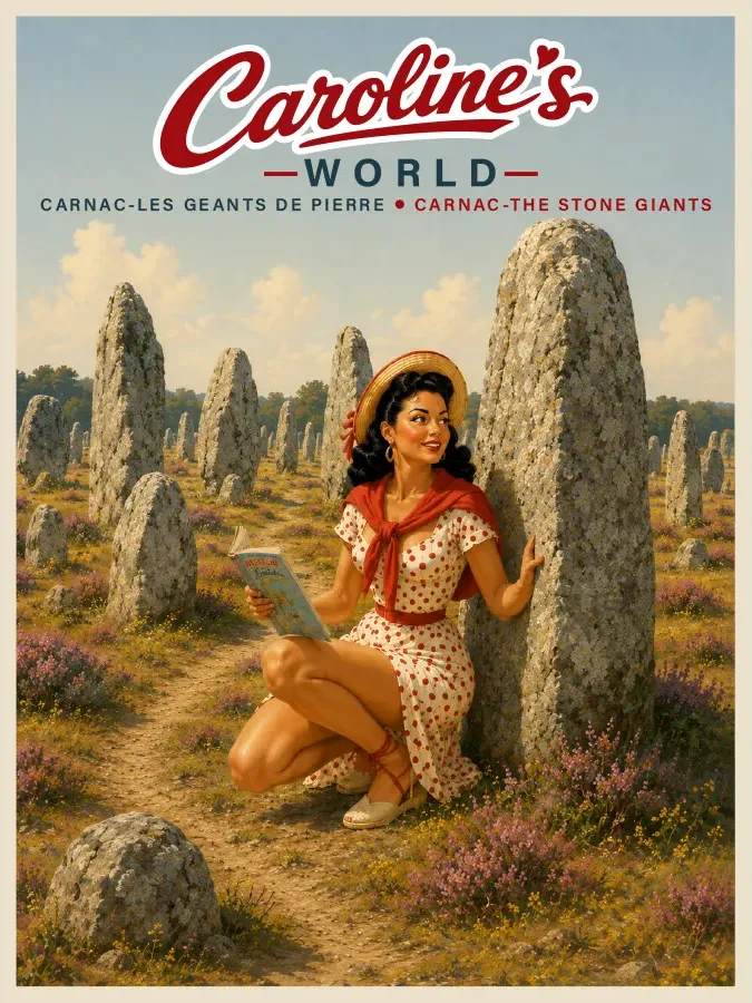 Affiche vintage Caroline devant les alignements de menhirs de Carnac en Bretagne, patrimoine néolithique français
