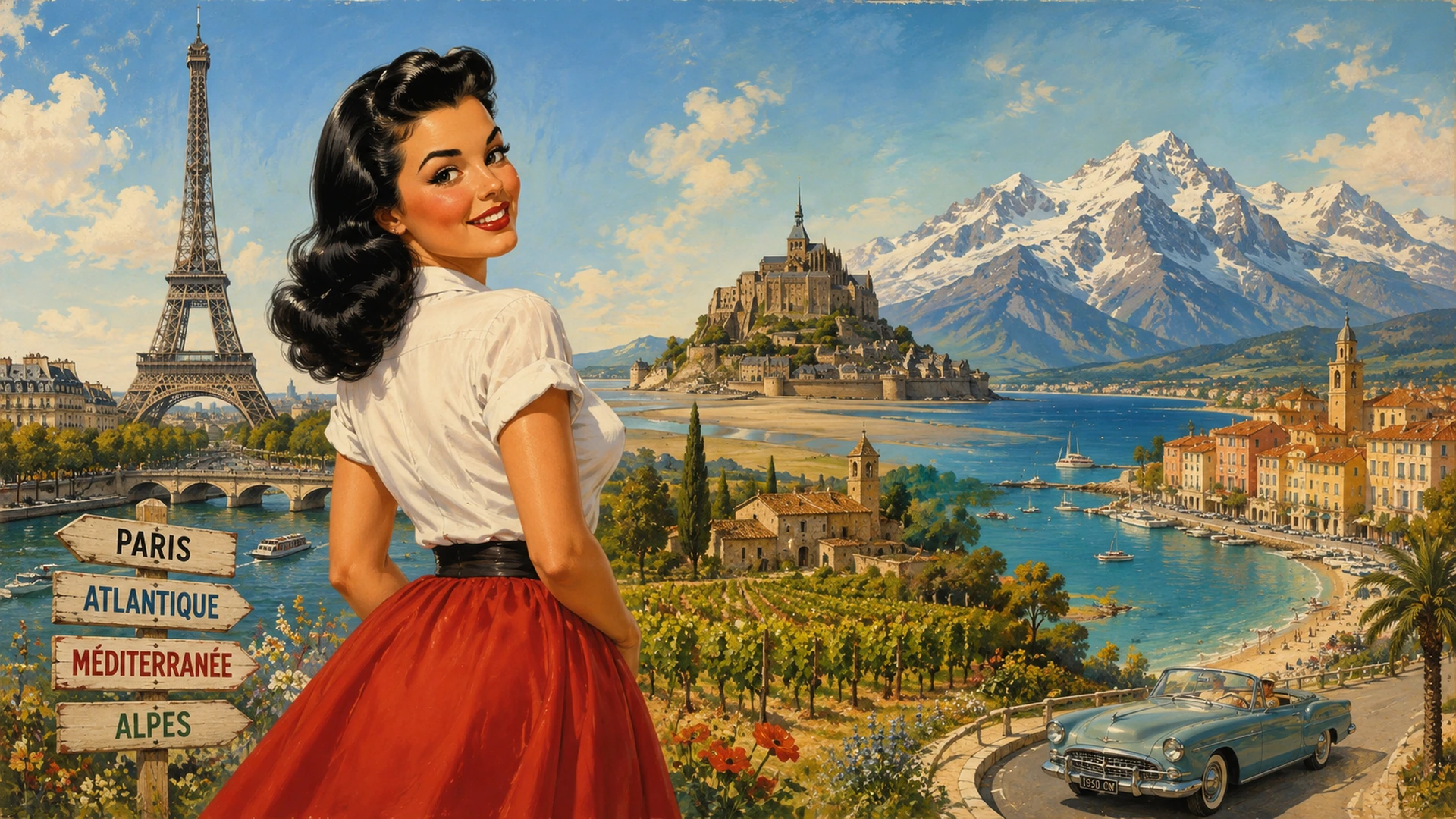 Caroline voyage en France entre Paris, littoral Atlantique, Méditerranée et Alpes dans un univers rétro années 50